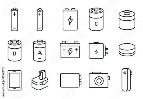 Battery set. electrical power sources flat icons. aa, aaa, c, d, phone battery vector icons.