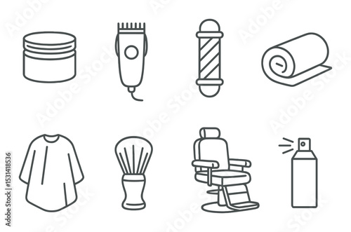 Barber set. haircut tools silhouette icons: razor, scissors, chair, comb, brush vector icons.