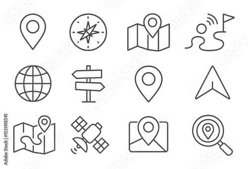 Navigation map set. location, compass, pin, gps, path, geolocation, direction linear vector icons