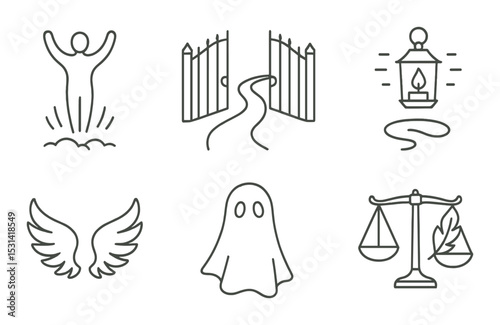 Heaven and hell set. spiritual linear icons. angel, gate, lantern, path, wings, ghost, scales vector icons.