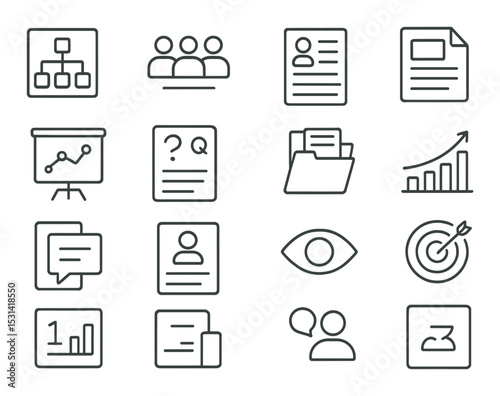 Business document set. office, chart, profile, file silhouette icons. communication, target vector icons.