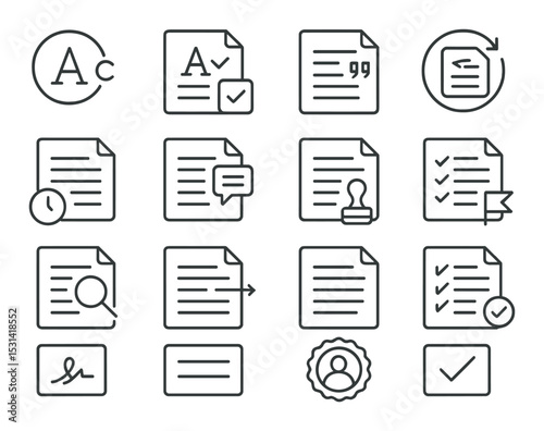 Document set. office silhouette icons. page, text, approval, review, signature, badge vector icons.