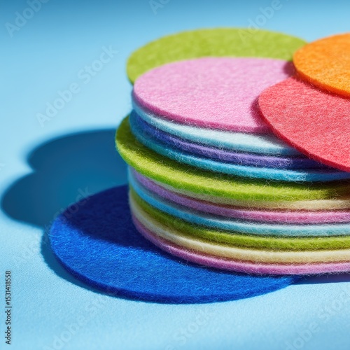 Colorful felt circles stacked on a light blue surface