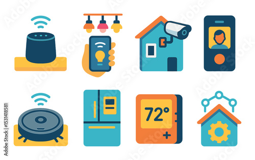 Smart home tech set. modern flat gadgets: speaker, light, thermostat, security vector icons.