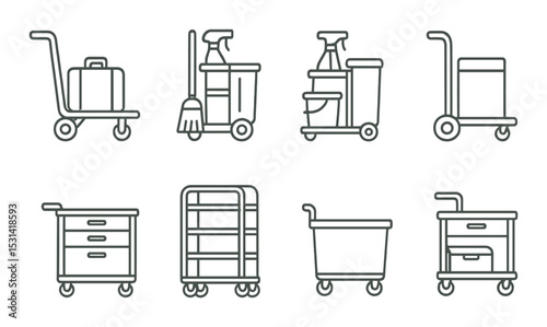 Cleaning cart set. janitorial equipment silhouette vacuum, broom, bucket, dispenser vector icons.