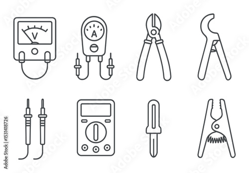 Electrical tool set. linear electrician tools: multimeter, pliers, wire cutters vector icons.