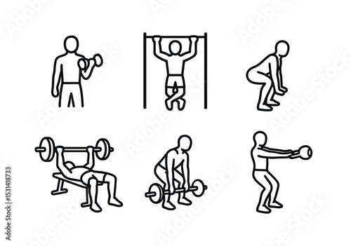 Fitness exercise set. workout linear activities. dumbbell, squat, pull-up, bench press vector icons.