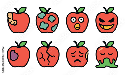 Rotten apple set. food spoilage flat icons. mold, worm, bruise, sad, angry faces vector icons.