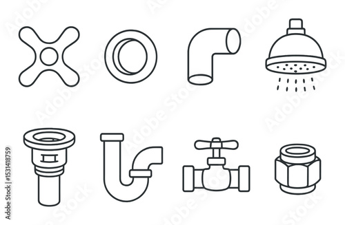Plumbing icon set. water system silhouette icons. valve, pipe, faucet, shower, drain vector icons.