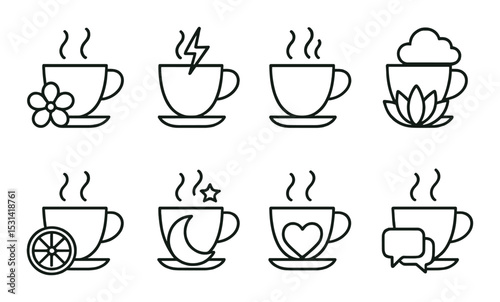 Coffee cup set. beverage decoration linear icons. flower, lightning, moon, heart, chat vector icons.