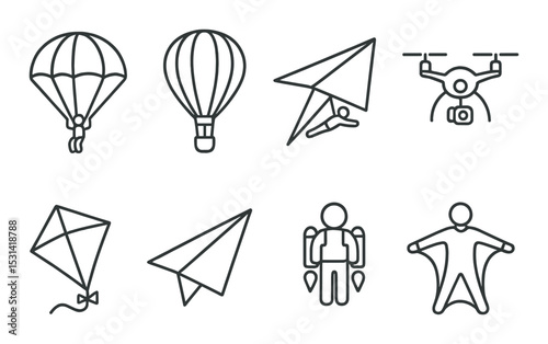 Parachute adventure set. flight silhouette gear. parachute, balloon, kite, drone, wingsuit vector icons.