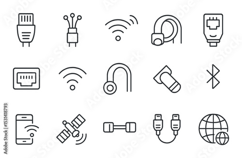 Connection cable set. network plug linear icons. usb, ethernet, wifi, satellite, bluetooth vector icons.