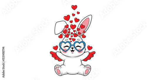 Lovely Bunny Surrounded by Hearts Cute Cartoon Character Adorable Illustration Valentines Day Theme
