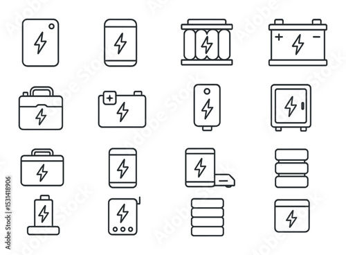 Battery set. energy storage linear icons. battery, power bank, energy, accumulator vector icons.