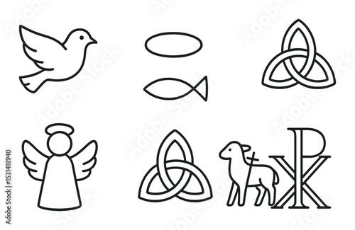 Christian symbol set. religious flat icons. dove, fish, trinity, angel, lamb vector icons.