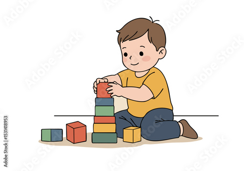 A cheerful young boy builds a block tower, demonstrating problem-solving skills. Clear composition, bright colors, and a playful scene. Ideal for educational and children's themes.