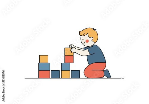 A cheerful young boy builds a tower of blocks, checking his progress with a smile. Clean, modern illustration style.
