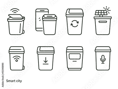 Smart bin set. waste management linear icons. recycling, solar, technology, sensor, city vector icons.