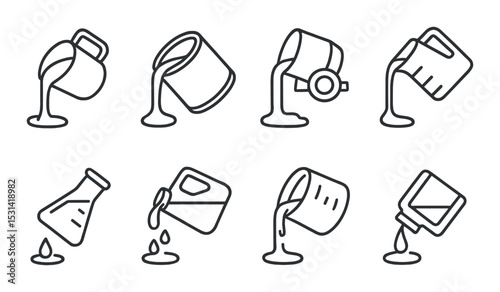 Pouring liquid containers set. kitchen, lab, jug, beaker, flat vector icons.