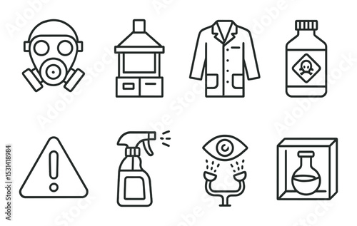 Safety equipment set. chemical hazard linear icons. mask, hood, coat, warning vector icons.