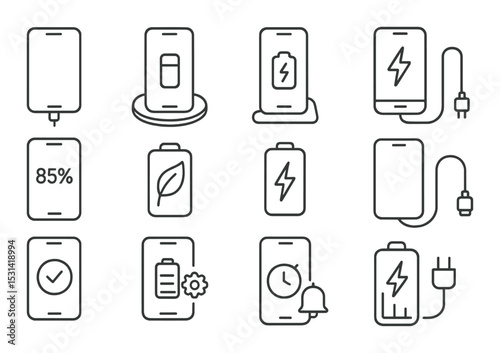 Smartphone charging set. battery, power, wireless, cable charging linear vector icons.