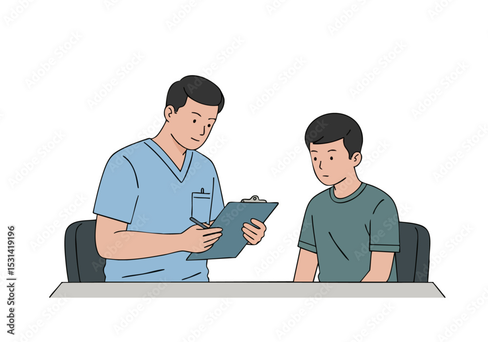 Obraz premium A healthcare professional examines a young patient, reviewing a nutrition chart. The scene conveys a supportive consultation. Clean, modern illustration.