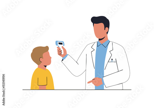 A doctor takes a child's temperature with a thermometer. Clean, professional illustration. Suitable for health, wellness, and medical themes.