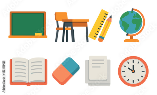 Classroom set. educational tools flat style. desk, globe, book, chalkboard, clock vector icons.