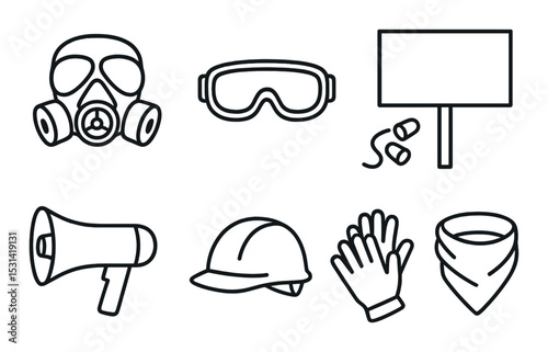 Protest safety set. demonstration silhouette icons. mask, goggles, sign, megaphone vector icons.