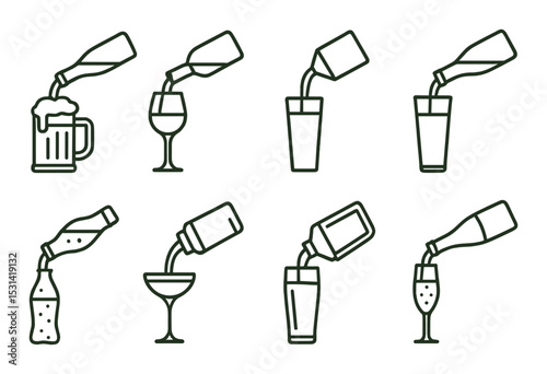 Pouring drink set. beverage containers linear glass, mug, bottle, flute, vector icons