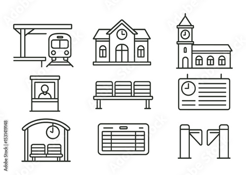 Train station set. transportation linear icons: train, clock, ticket, bench, gate vector icons.