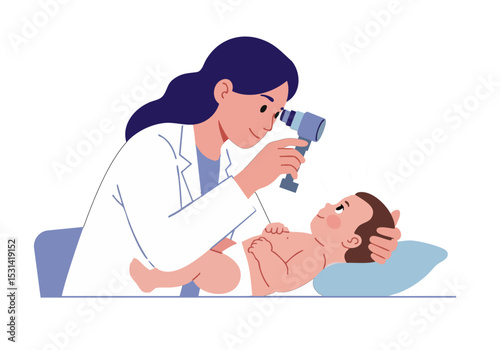 A female doctor performs an eye check on a baby. Warm, inviting illustration style. Focus on healthcare and early childhood. Clean, modern design.