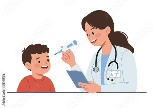 A friendly female doctor checks a young boy's temperature with a thermometer, smiling reassuringly. Warm, inviting scene. Perfect for health, family, and medical illustrations.