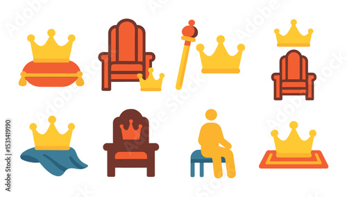 Royalty symbol set. crown, throne, scepter flat style. cushion, seat, emblem vector icons.