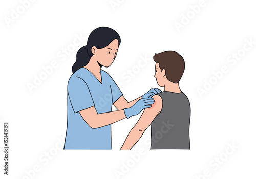 A healthcare professional administers a skin check to a young boy. Clean, professional setting with a focus on safety and care. Clear composition, soft colors.