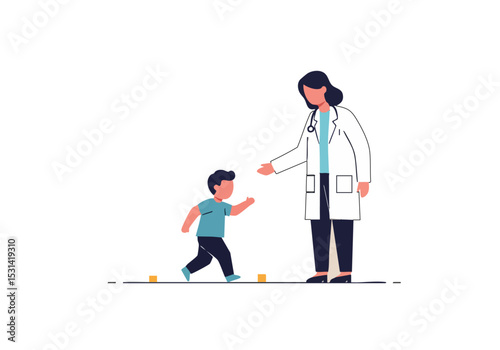 A pediatrician guides a young boy during a walk check. Clean, modern illustration style. Focus on health and wellness. Bright, inviting composition.
