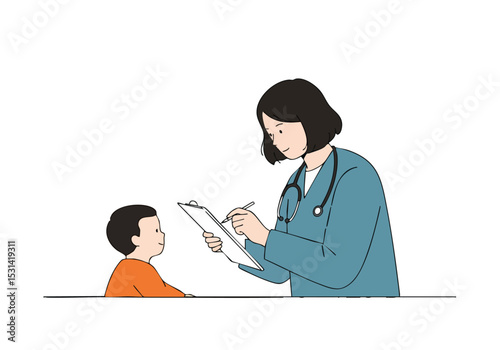 A pediatrician examines a young boy, writing on a clipboard. Warm colors and a focused scene depict a social milestone. Clean, modern illustration style.