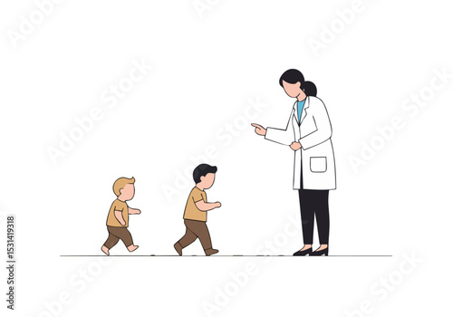 A pediatrician examines a young boy during a walk check. The doctor points, demonstrating a physical assessment. Clean, professional, and informative illustration.