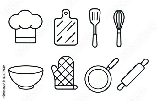Kitchen tool set. culinary utensils linear whisk, pan, bowl, mitt, board vector icons.