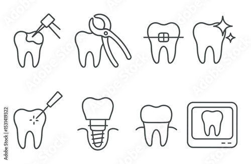 Dental tools set. oral care linear icons: tooth, drill, braces, implant, screen vector icons