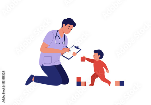 A pediatrician examines a toddler during a motor track assessment. The doctor writes notes on a clipboard while the child playfully stacks blocks. Warm, inviting scene.
