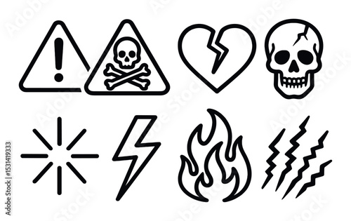 Warning symbol set. hazard, skull, fire, lightning, heart, scratch silhouette vector icons.