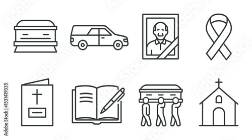 Funeral ceremony set. memorial and mourning linear icons: coffin, church, ribbon, car, vector icons.