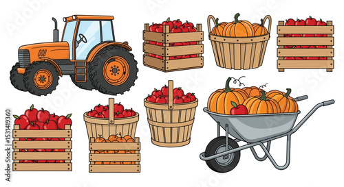 Autumn Harvest Bounty A Collection of Fruits Vegetables and Farm Transport Equipment