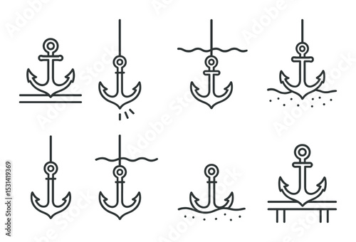 Anchor set. nautical decoration linear anchors. anchor, hook, ocean, sail, marine vector icons.