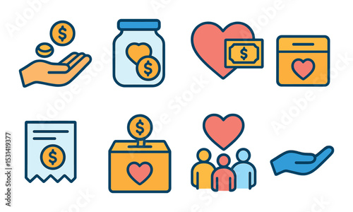 Charity icon set. donation, heart, fundraising, jar, hand, people flat vector icons.