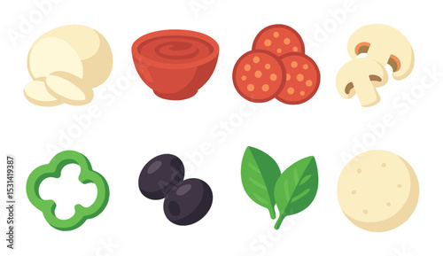 Pizza toppings set. delicious flat ingredients: mushroom, pepperoni, basil, olive vector icons.