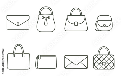 Handbag set. stylish linear purses. clutch, tote, satchel, crossbody, wallet vector icons.