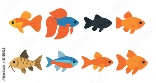 Aquarium fish set. colorful aquatic flat icons: goldfish, betta, tetra, koi, guppy vector icons.