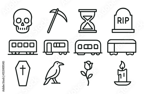Grave theme set. halloween silhouette icons: skull, coffin, train, rose, raven, candle vector icons.